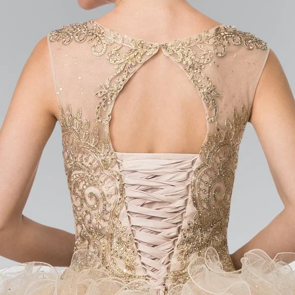 NEW LONG SLEEVELESS MESH BALL GOWN EMBROIDERED WITH RHINESTONES & LACE GL2208